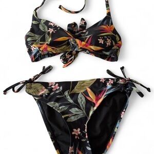 Kona Sol Black Tropical Floral Tie Bikini – Orange, Green, Pink